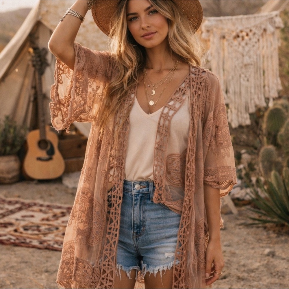 Vici Beige Boho Fairy Lace Kimono